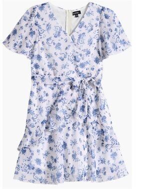 Zunie White and Blue Floral Tie-Waist Dress
